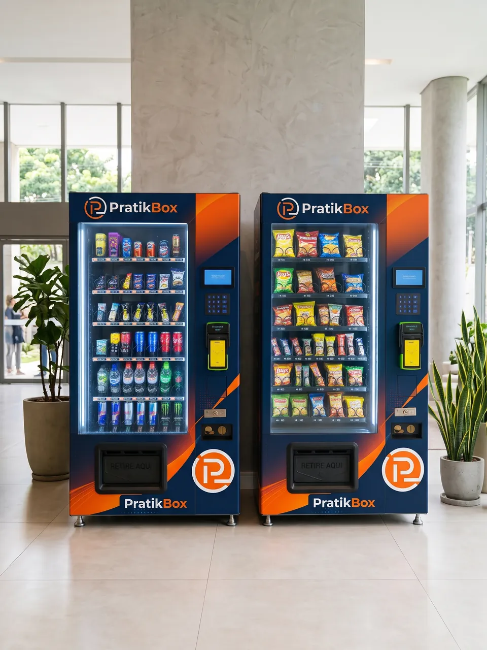 Duas vending machines PratikBox de bebidas e snacks lado a lado em um hall amplo