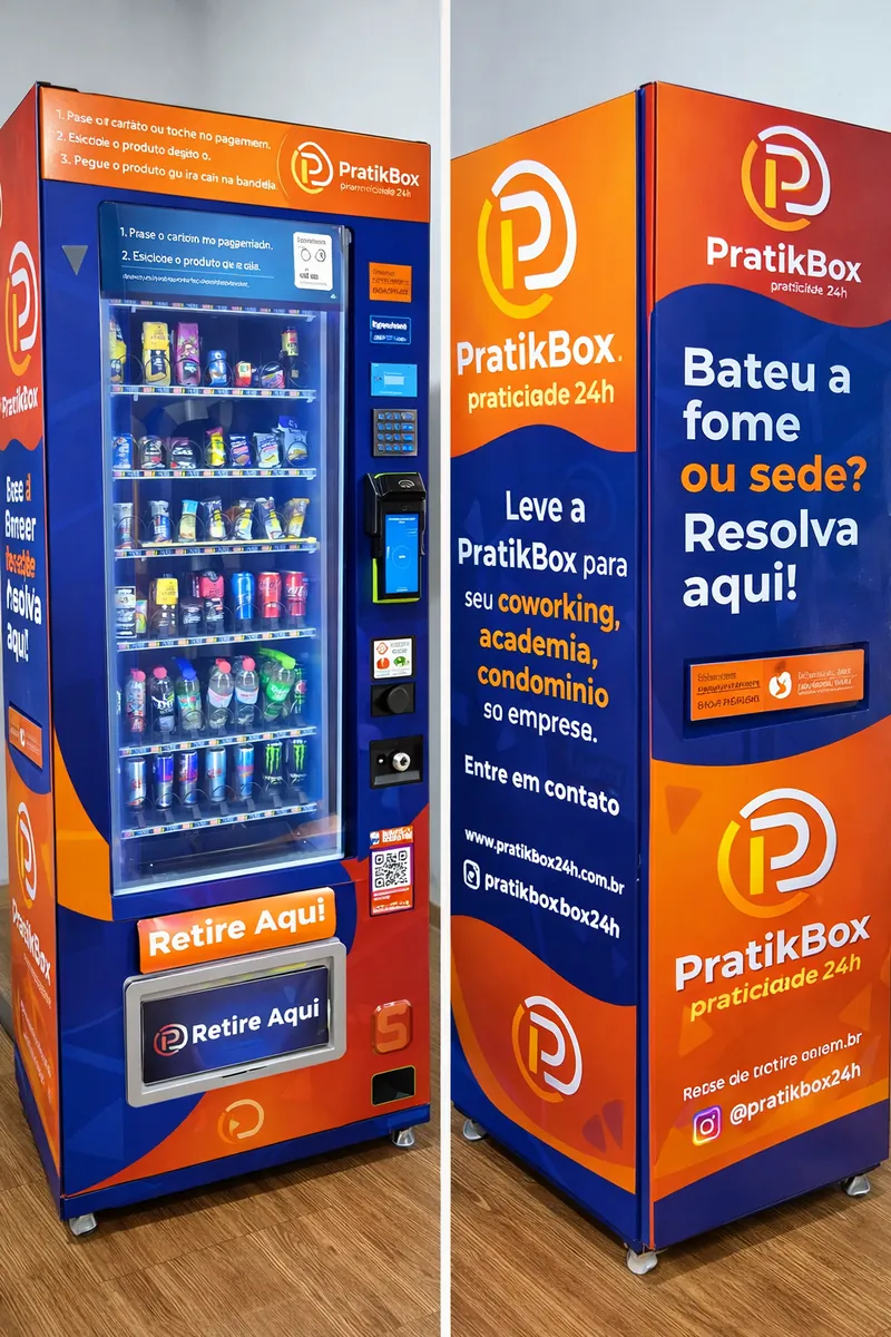 Vending machine PratikBox laranja e azul com a campanha Bateu a fome ou sede? Resolva aqui