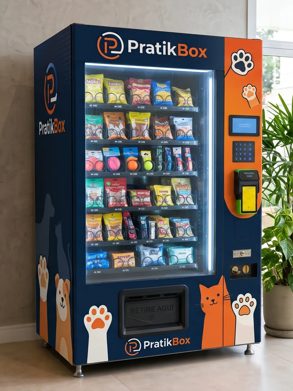 Vending machine PratikBox de produtos pet em um hall de condomínio, com patinhas e um gato no envelopamento