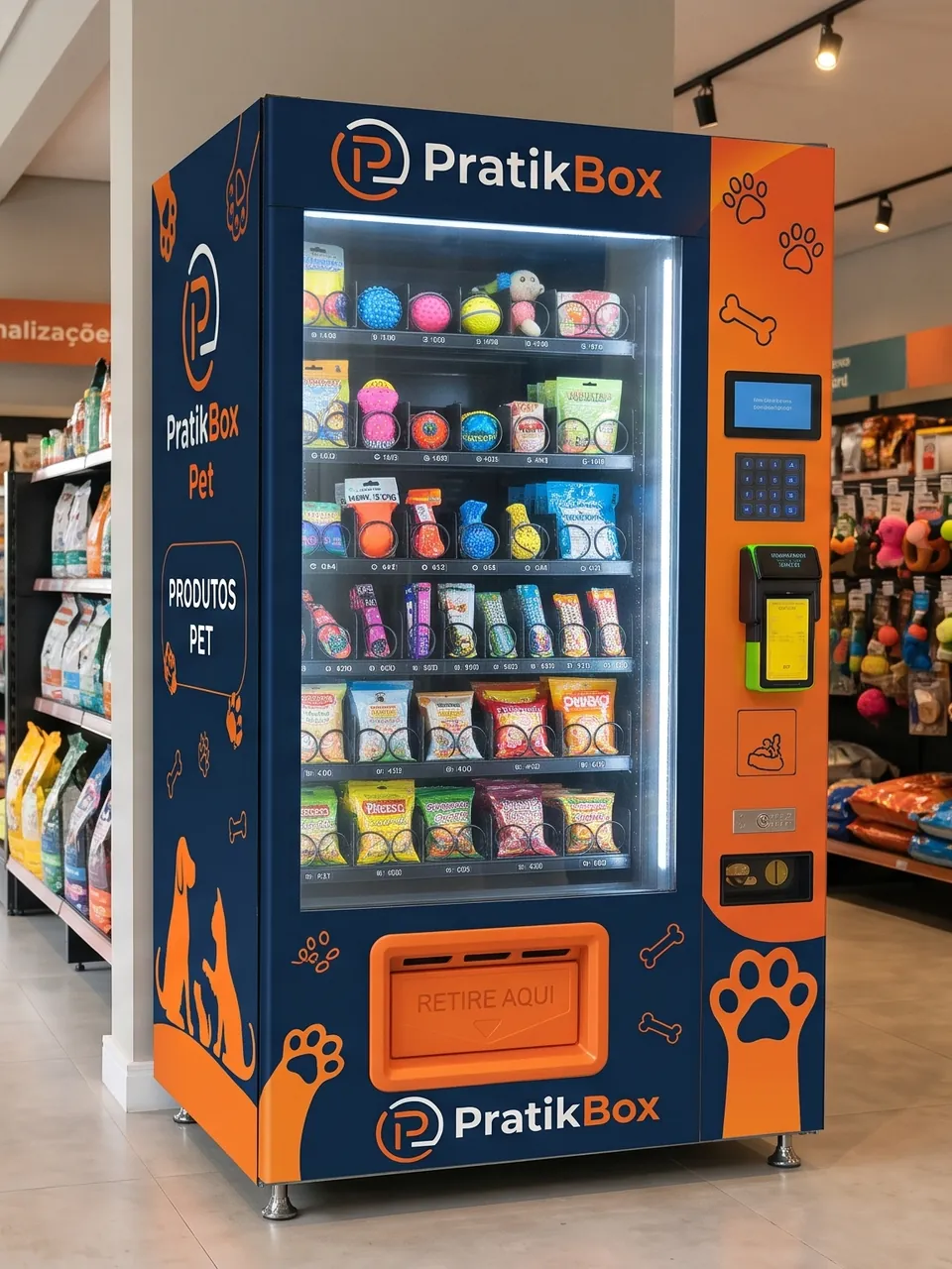 Vending machine PratikBox Pet na entrada de um pet shop, com prateleiras de produtos ao fundo