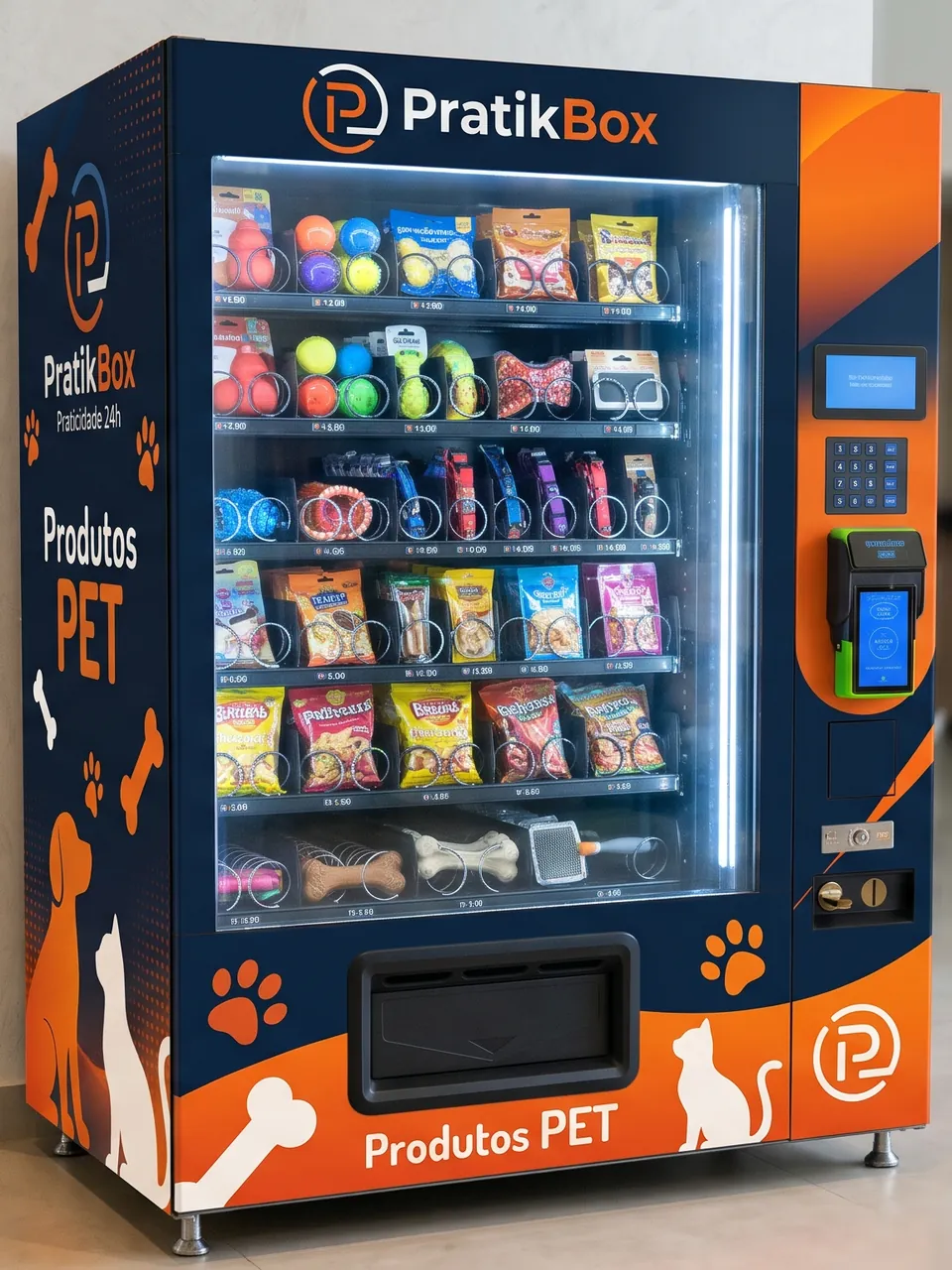 Vending machine PratikBox com vitrine de brinquedos, coleiras e petiscos para animais e a inscrição Produtos PET