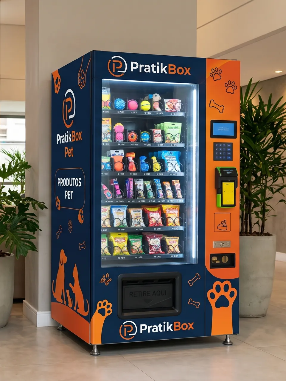 Vending machine PratikBox Pet em um hall, com vitrine de brinquedos e petiscos para animais (imagem ilustrativa)