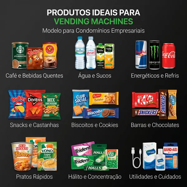 Painel ilustrativo de produtos sugeridos para vending machines em condomínios empresariais: café, água, energéticos, snacks, biscoitos, barras e utilidades