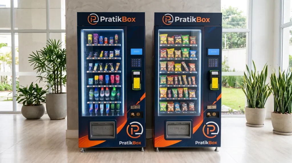 Vending machine de bebidas e snacks no hall de um condomínio (imagem ilustrativa)