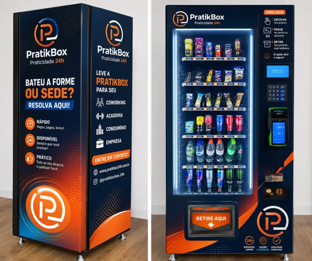 Duas vending machines PratikBox envelopadas em preto e laranja