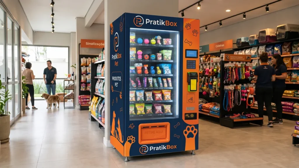 Vending machine de produtos pet em ambiente de condomínio (imagem ilustrativa)