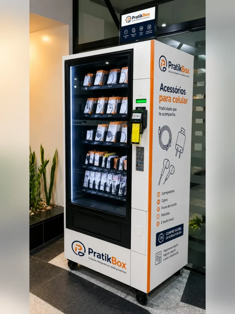 Vending machine PratikBox de acessórios para celular com carregadores, cabos e fones (imagem ilustrativa)